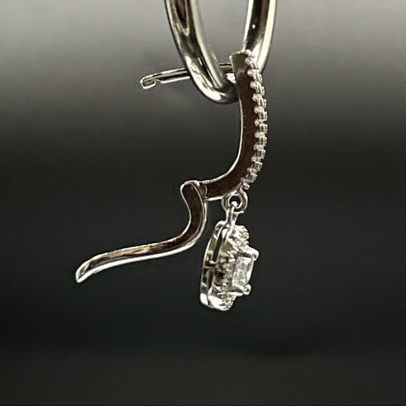 925 Sterling Silver‎ Diamond Halo Dangle Earrings - Picture 9 of 12